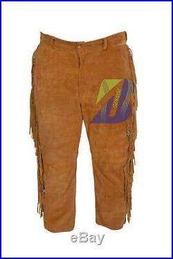 NATIVE AMERICAN Men's Suede Western Leather Pant with Fringe Cowboy style