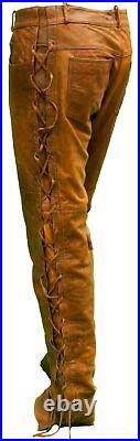 NAYA Cowboy Native American Brown Suede Leather Pant Buckskin Beaded Side Laced