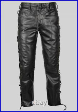 NAYA Men's Real Leather Bikers Pants Side and Front Laces Up Bikers Pants