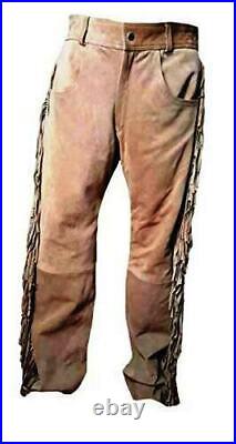 NAYA Mens New Beige Buckskin Suede Leather Western Hippy Fringes Pants