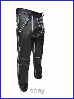 NEW Mens Real Black Cow Leather Biker Jeans Pant Trousers