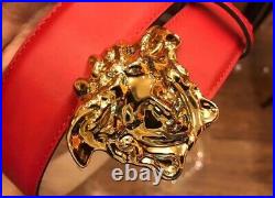 NEW Versace Red Men's Leather Belt Gold Classic Medusa Head Buckle Waist 32-40