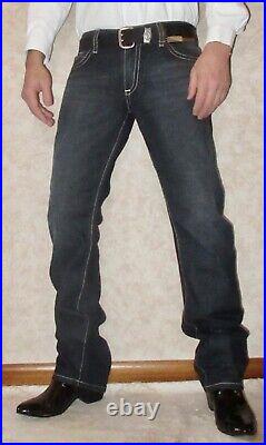 NWT $350 USD Men's Robin's Jean Tobacco Leather Flap Dark Denim Jeans Size 33