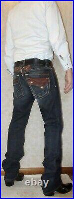 NWT $350 USD Men's Robin's Jean Tobacco Leather Flap Dark Denim Jeans Size 33