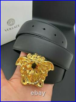 NWT Authentic Versace Black Men's Leather Belt Gold Classic Medusa Head Buckle