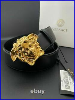 NWT Authentic Versace Black Men's Leather Belt Gold Classic Medusa Head Buckle