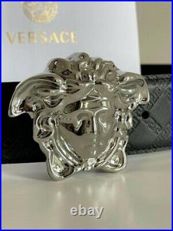 NWT Authentic Versace Black Men's Leather Belt with Silver Medusa Head Buckle