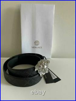 NWT Authentic Versace Black Men's Leather Belt with Silver Medusa Head Buckle