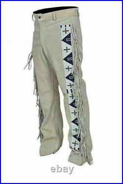 Native American Genuine Suede Trousers Leather With Fringes & beads Work Pants
