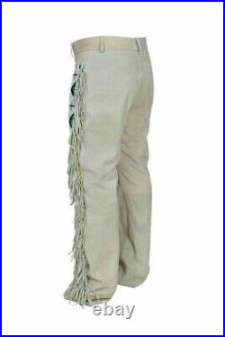 Native American Genuine Suede Trousers Leather With Fringes & beads Work Pants