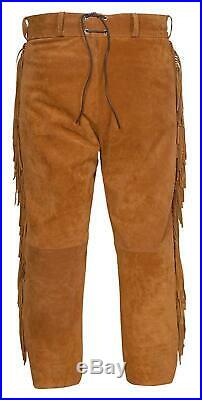 Native American Handmade Leather Cowhide Pants Trouser Fringes Western Buckskin