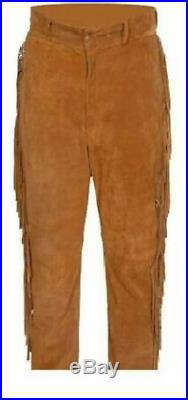 Native American Handmade Leather Cowhide Pants Trouser Fringes Western Buckskin