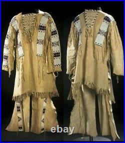 Native American Sioux Style Suede Leather Fringes & Beads Work War Shirt & Pants