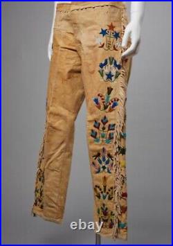 Native American Western Cowboy Ind Trousers Embroidered Leather Fringes Pants