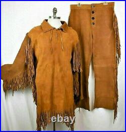 Native American Western Wear Buckskin War Suit Suede Leather Fringe Shirt & Pant