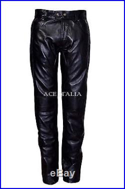 New 4669 Men's Black Real Genuine Nappa Leather Motorcycle Biker Jeans Trouser