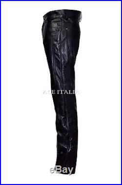 New 4669 Men's Black Real Genuine Nappa Leather Motorcycle Biker Jeans Trouser