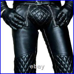 New Black Real Leather Quilted Pants Motorbike Biker Rider Jeans Style Gay Pants