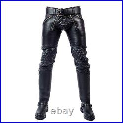 New Black Real Leather Quilted Pants Motorbike Biker Rider Jeans Style Gay Pants