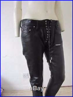 New Dsquared2 Mens Leather Biker Trousers with Lace Fastening Size 48 Italy