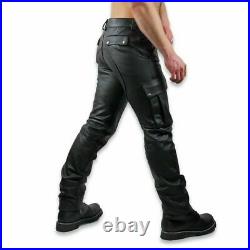 New Genuine Cow leather Pants Cargo Pockets Saddle Back Breeches Style Male Kink