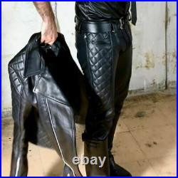 New Genuine Leather BIKER SADDLE PANT BLACK Pants Quilted Trouser jeans Mens Gay