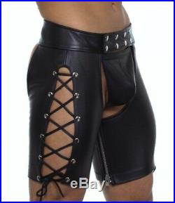 New Genuine Leather Chaps Lace up Style Cropped Short Shorts snap closure Mens