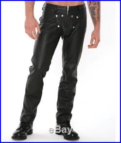 New Genuine Leather Pants Front Removable Piece Fun Fetish Gay Mens Trouser Sale