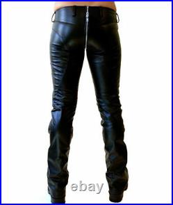 New Genuine Leather Pants Zip Waist Side Quilted Bottoms Close Fit Three way Zip