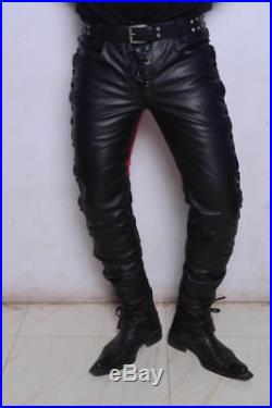 New Genuine Soft Lambskin Leather Mens Biker Pants Slim Swagger Stripe pant P141