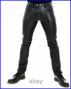 New Handmade Men Pant Black Lambskin Leather Jean Style Biker Front Back Zipper