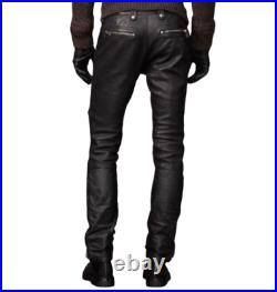 New Handmade Men Pant Pure Black Lambskin Leather 5 pocket Jean Style Biker Coin