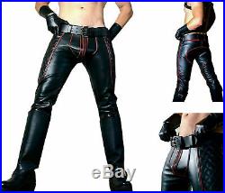 New MEN'S COWHIDE LEATHER JEANS RED STRIPES DOUBLE ZIP PANTS JEANS Gay Kink HOT