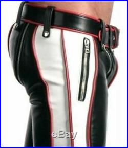 New MENS LEATHER JEANS PANTS TROUSER BIKER GAY RED BLACK WHITE CONTRAST CHAPS