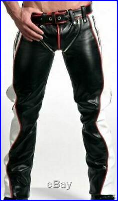 New MENS LEATHER JEANS PANTS TROUSER BIKER GAY RED BLACK WHITE CONTRAST CHAPS