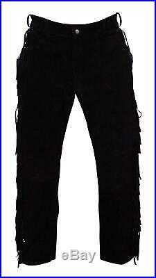 New Men Native American Black Suede Leather Pant with Fringes adjustable back