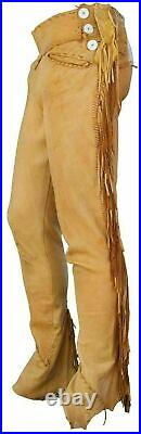 New Men Native American Soft Buckskin Tan Leather Pant With Fringes