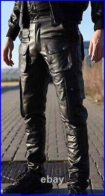 New Men Real Leather Pant Genuine Soft Lambskin Biker Trouser Cargo Pocket Jeans