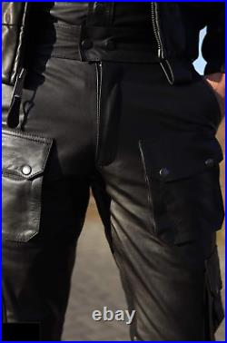 New Men Real Leather Pant Genuine Soft Lambskin Biker Trouser Cargo Pocket Jeans