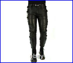 New Men Real Leather Pants Genuine Soft Lambskin Biker Trouser with laces