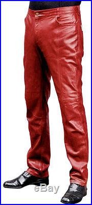 New Men Red Leather Pants Slim Fit Fashion Stylish Motorcycle Trousers KLP32