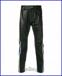 New Men Striped Genuine Leather Trousers Mixed Color Motorcycle Nightclub Pants