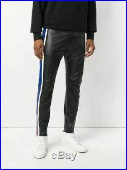 New Men Striped Genuine Leather Trousers Mixed Color Motorcycle Nightclub Pants