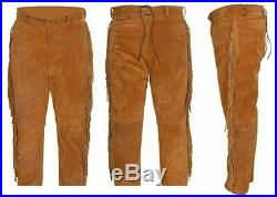 New Men Western wear Native American Cowhide suede leather pants with fringe