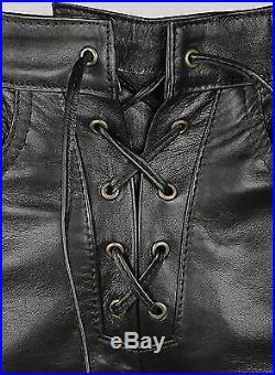 New Men's Bikers Sheepskin Leather Trousers Laced Up Style Leather Pant