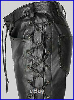 New Men's Bikers Sheepskin Leather Trousers Laced Up Style Leather Pant