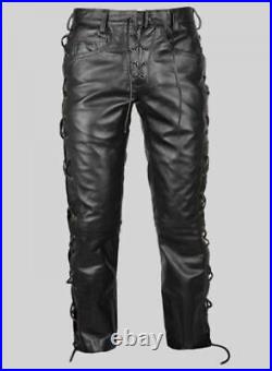 New Men's Handmade Genuine Lambskin Leather Pant Trouser Lace up Biker Pant MLP3