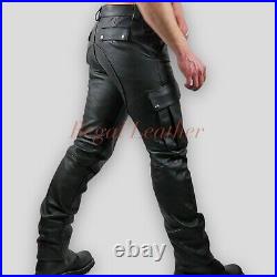 New Men's Hot Gay Pants Genuine Lambskin Leather Pants Black Police Gay bluff