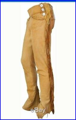 New Men's Native American Buckskin Tan Buffalo Ragged Leather Hippie Pant