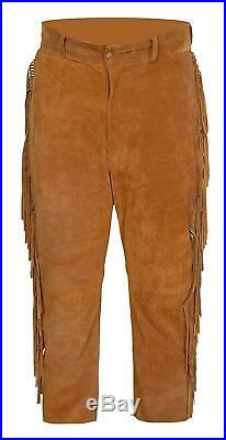 New Men's Native American Western Wear Suede Leather Pant With Fringe